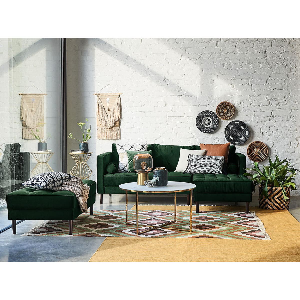 ECKSOFA - Samt - Dunkelgrün/Dunkelbraun, Birkenholz/Textil (201/155cm) - home24