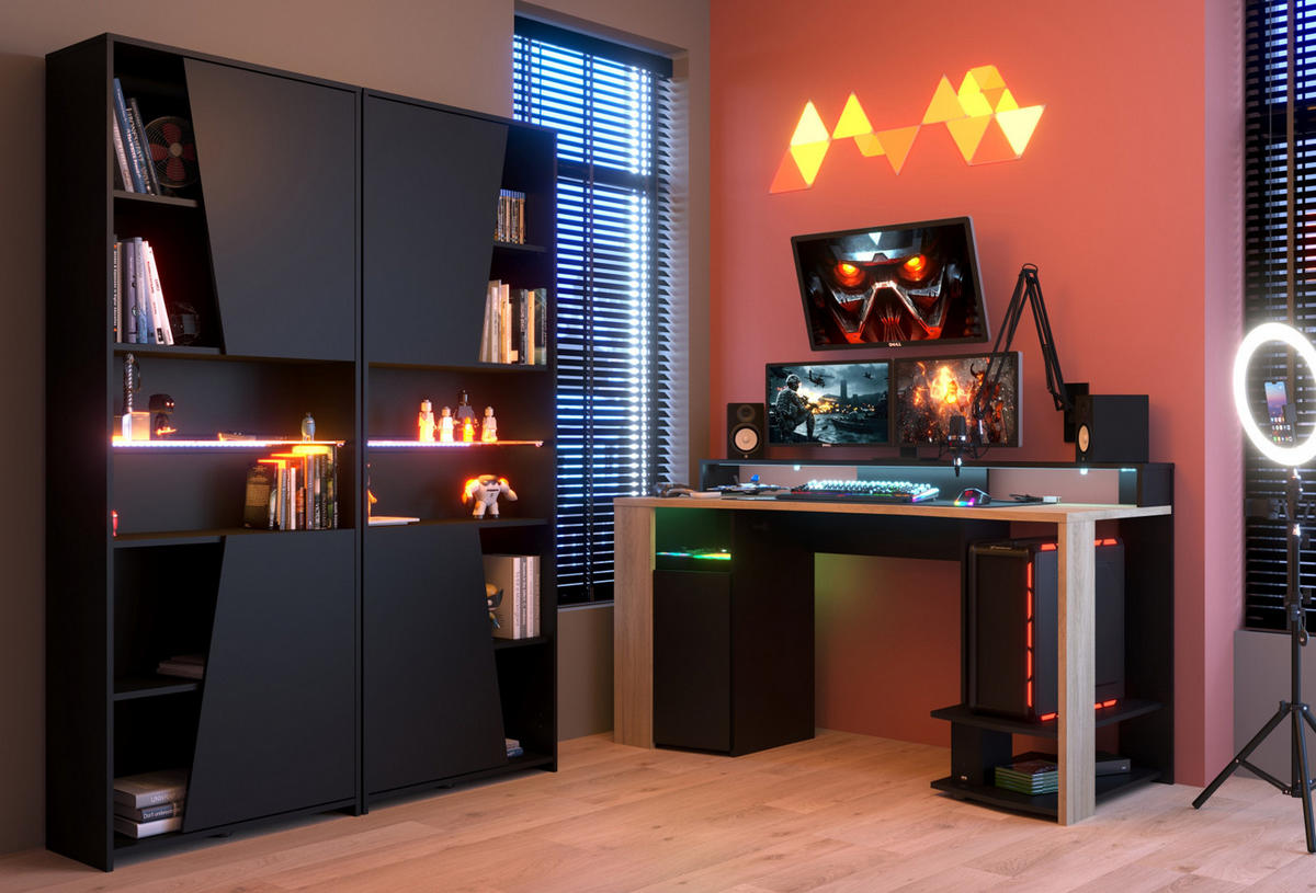 SCHREIBTISCHKOMBINATION schwarz, Eiche, Gamingtisch und Schrank inklusive LED-Beleuchtung - Eichefarben/Schwarz, Holzwerkstoff/Metall (62/286/180cm) - Parisot Meuble