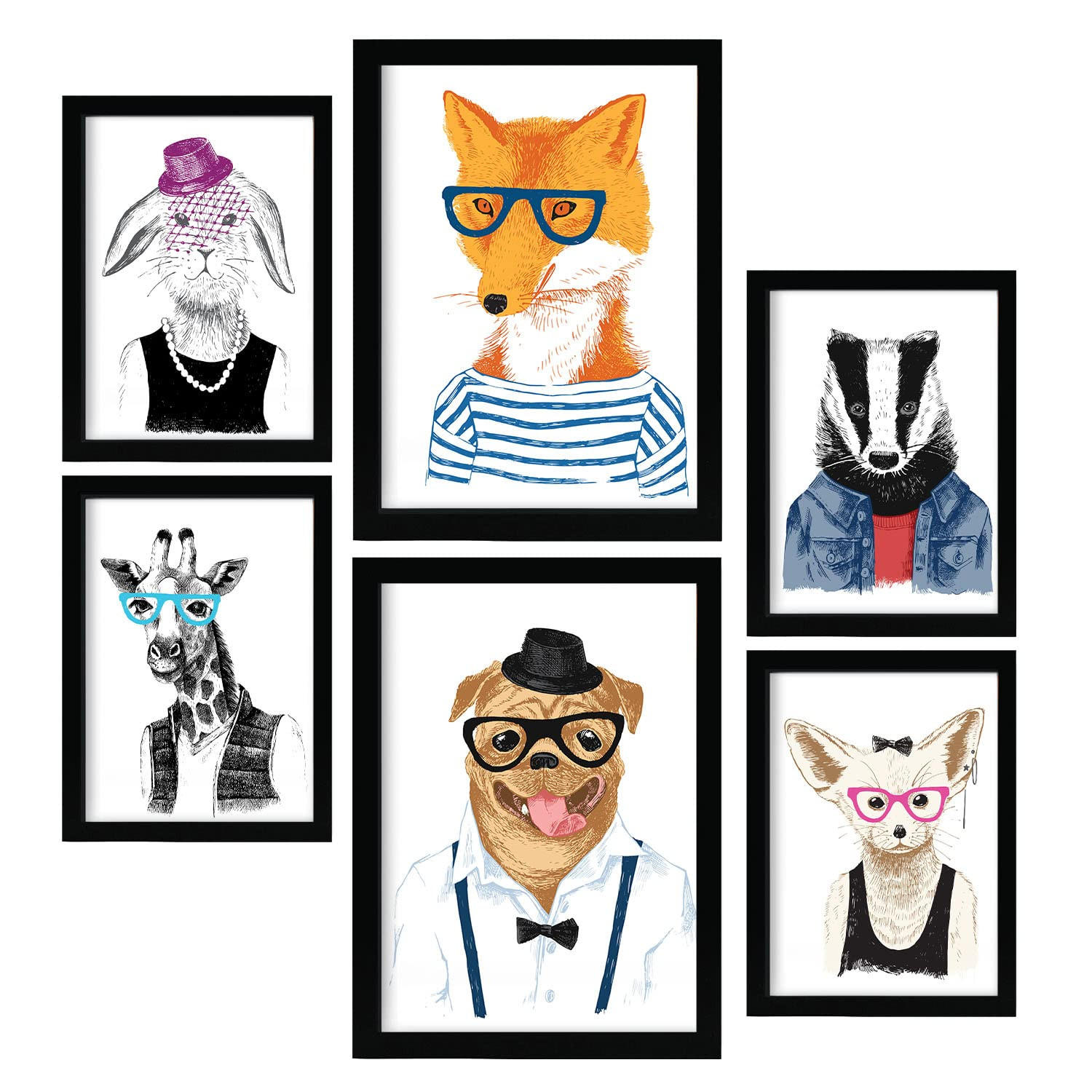 POSTER Set Mit 6 Hipster Tiere Im Farbenfrohen Handgezeichneten Stil Weißer A3 & A4 Rahmenlos - Klar, Papier (29/3cm) - Nacnic