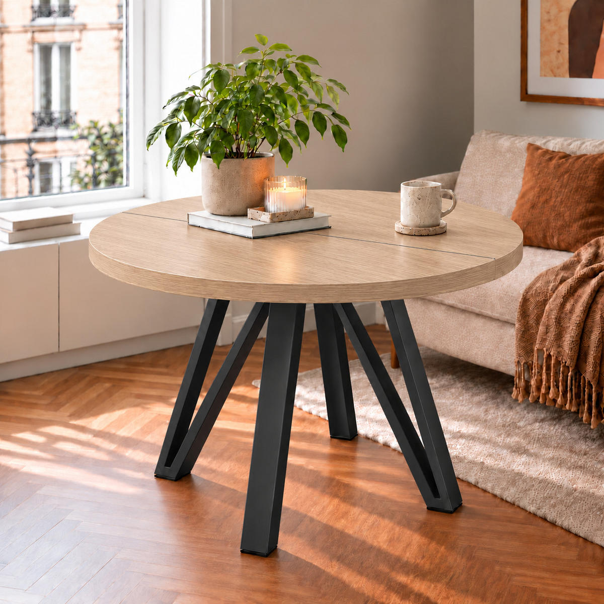 ESSTISCH rund ausziehbar 90/190/76 cm, Hellbraun Eiche Hikora Egger Natur, 54 cm Tischplatte + Industrial Metallgestell Schwarz - Hellbraun/Eichefarben, Holzwerkstoff/Metall (90/190/76cm) - Damale Möbel