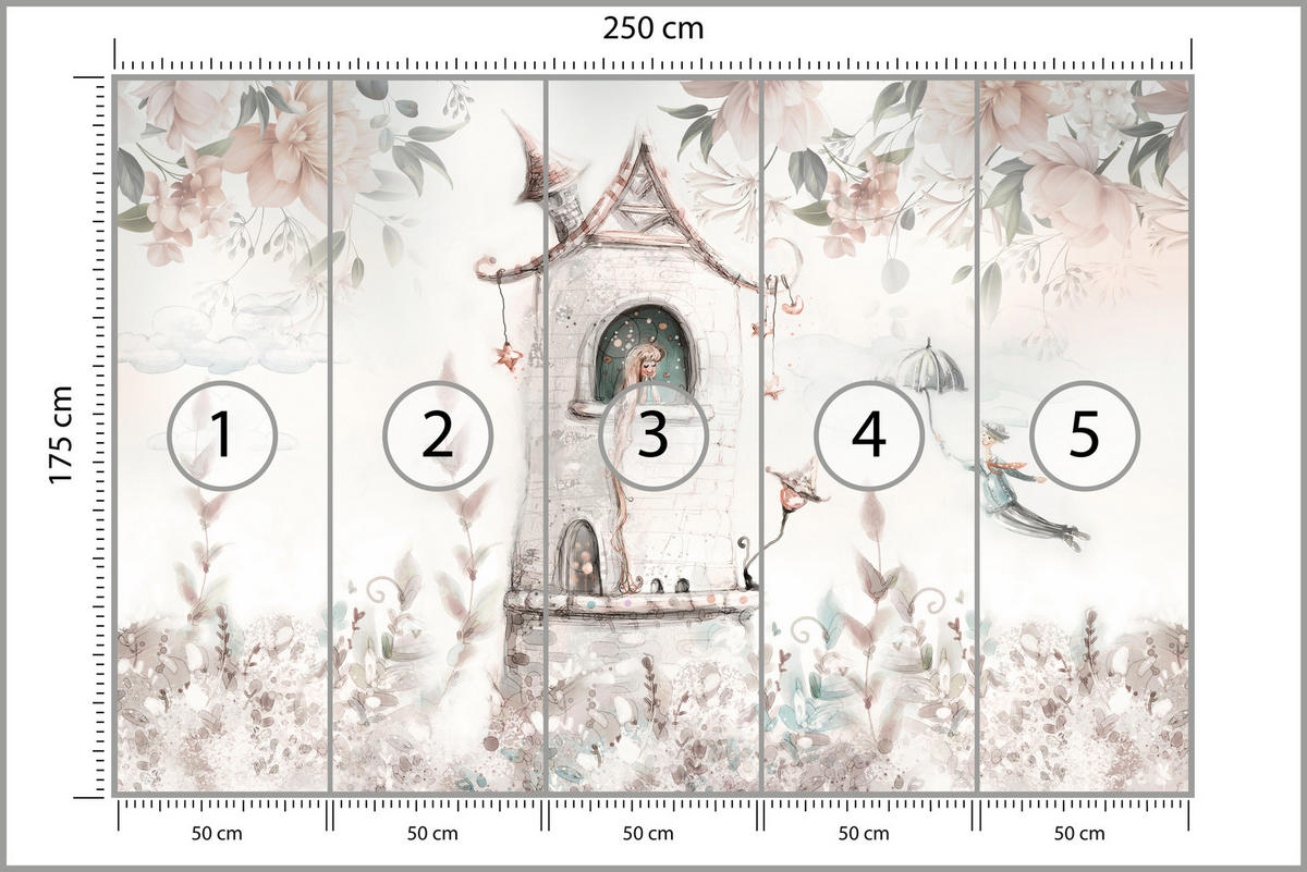 FOTOTAPETE für Kinderzimmer Prinzessin Turm Blumen Pflanzen 250x175 - Multicolor, Papier (250/175cm) - Muralo