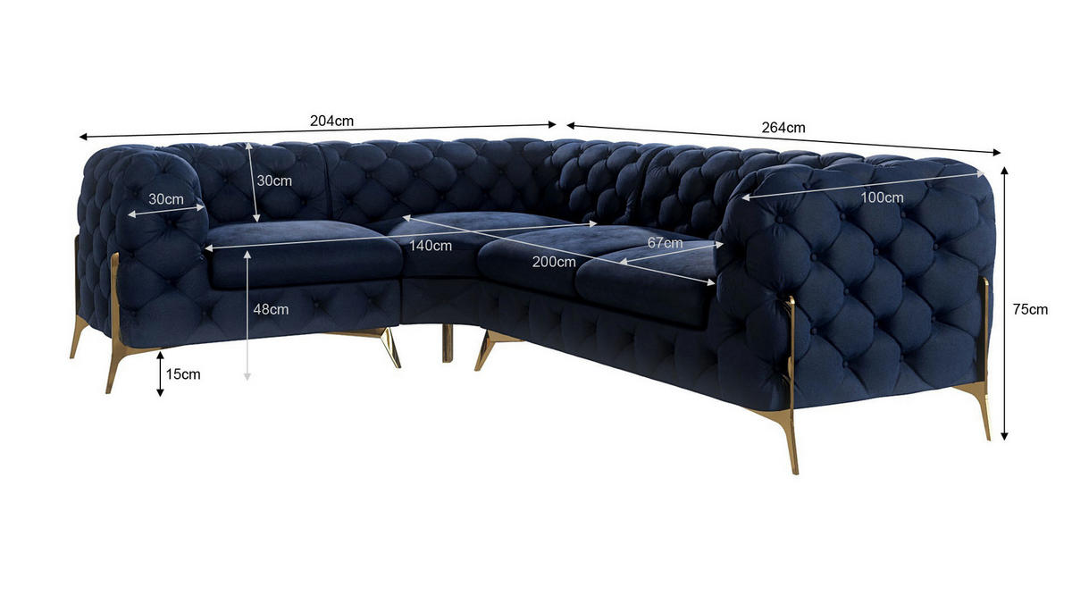 ECKSOFA Chesterfield Lexi Marineblau Samt, Ottomane links - Goldfarben/Dunkelblau, Holz/Textil (264/204cm) - S-Style Möbel