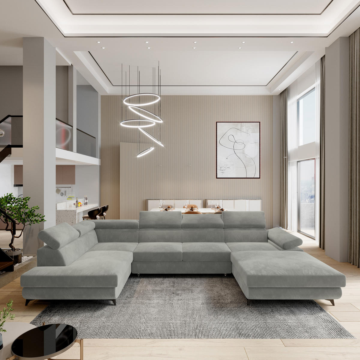 ROHOVÁ SEDAČKA RUBANO světle šedá - černá/světle šedá, kov/dřevo (339/190cm) - MASSENO