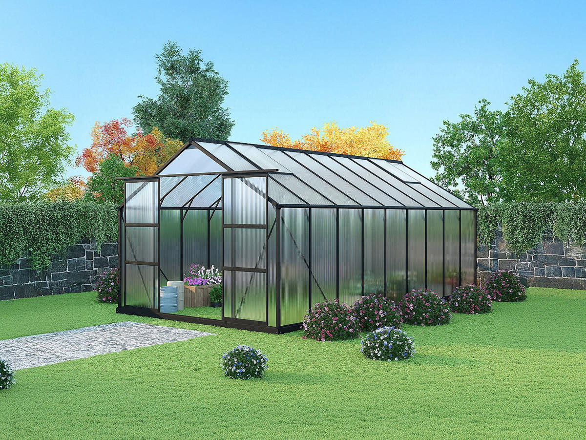 SELBSTTRAGENDES Gewächshaus - 303cm x 543cm - Polycarbonat - anthrazitgrau - IXORA - Anthrazit, Kunststoff (303/157/543cm) - Vente-Unique