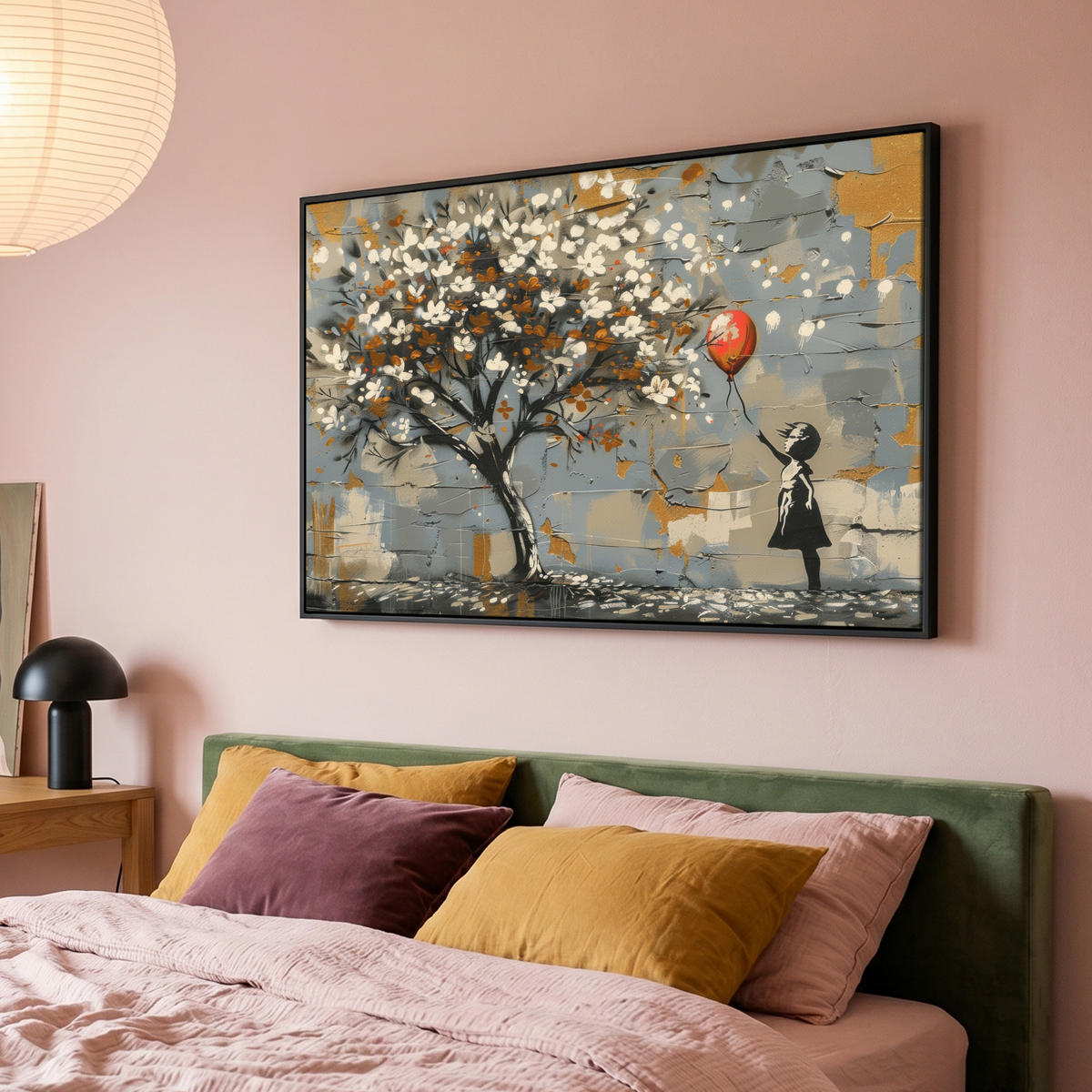 LEINWAND Bilder mit Rahmen - Baum - Graffiti - Banksy-Stil - Ballon-Mädchen - 120x80 - Blaugrau, Textil (120/80cm) - MuchoWow