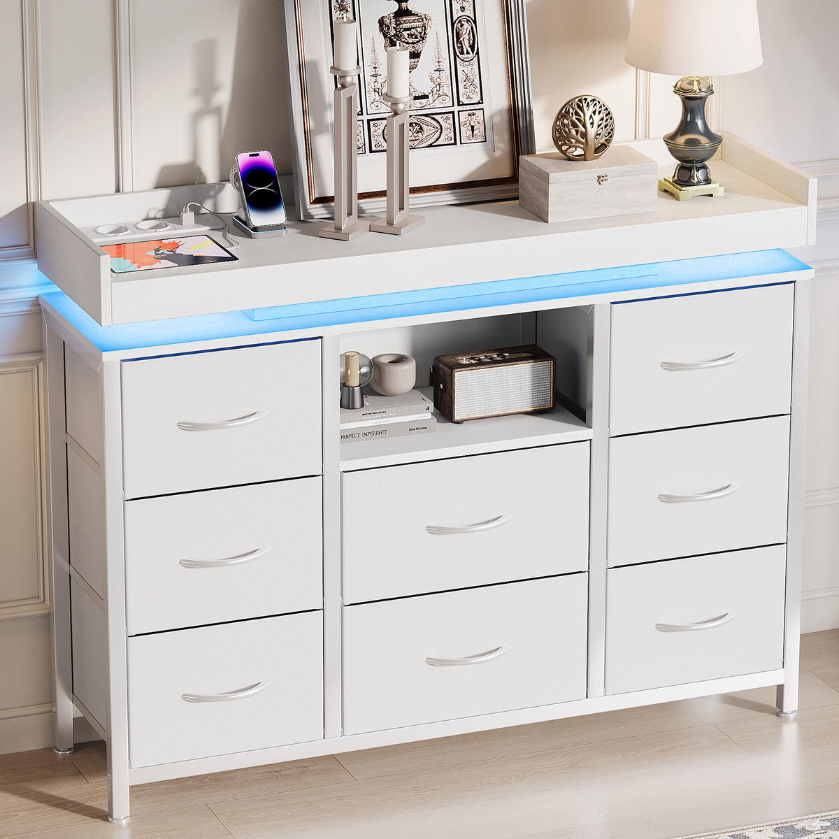 KOMMODE 8 Stoffschubladen, LED, Steckdose, stabil, Stahlrahmen, Anti-Kipp, weiß - Weiß, Textil (108/82/30cm) - EuroLiving