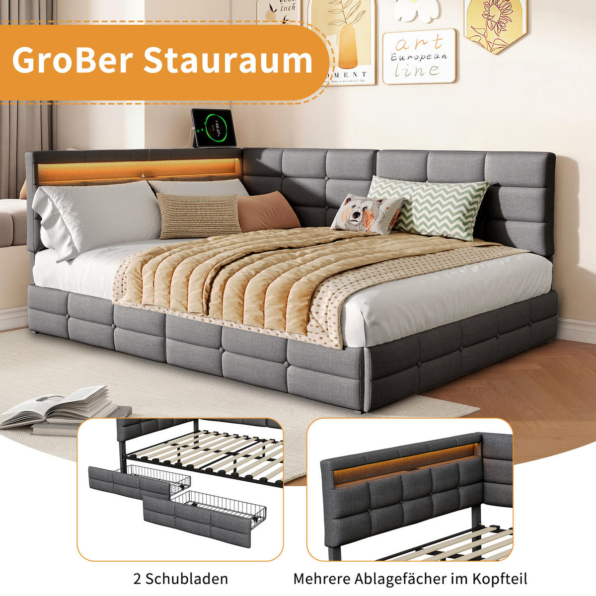 BETT 140x200 cm mit L-förmigem Kopfteil, 2 Schubladen, USB-Ladeanschluss, LED-Licht, Leinenstoff, Grau - Grau, Holz (140/200cm) - BRILVERDE