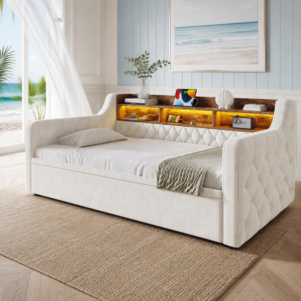 POLSTERBETT 90/190 mit Ausziehbett, LED und USB-Type-C in Beige - Beige, Holzwerkstoff/Textil (90/190cm) - EVRYAE