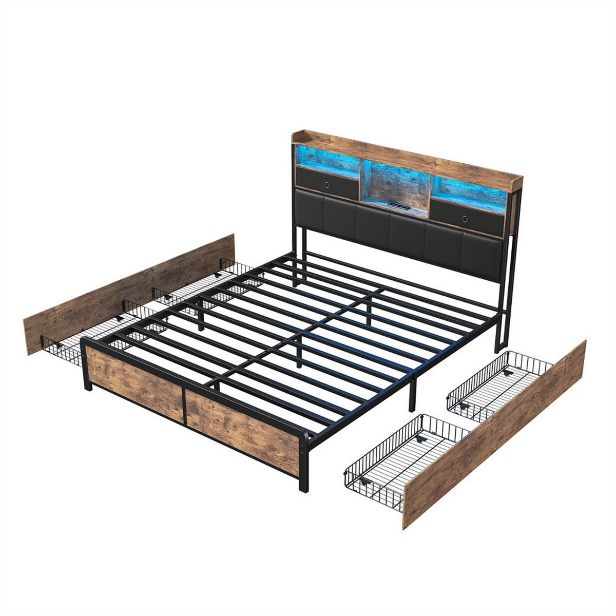 METALLBETT 140 x 200 cm mit 6 Schubladen - Kopfteil-Ablage mit LED-Beleuchtung und Steckdosen & USB-Anschlüsse - Braun, Metall (140/200cm) - DELFA