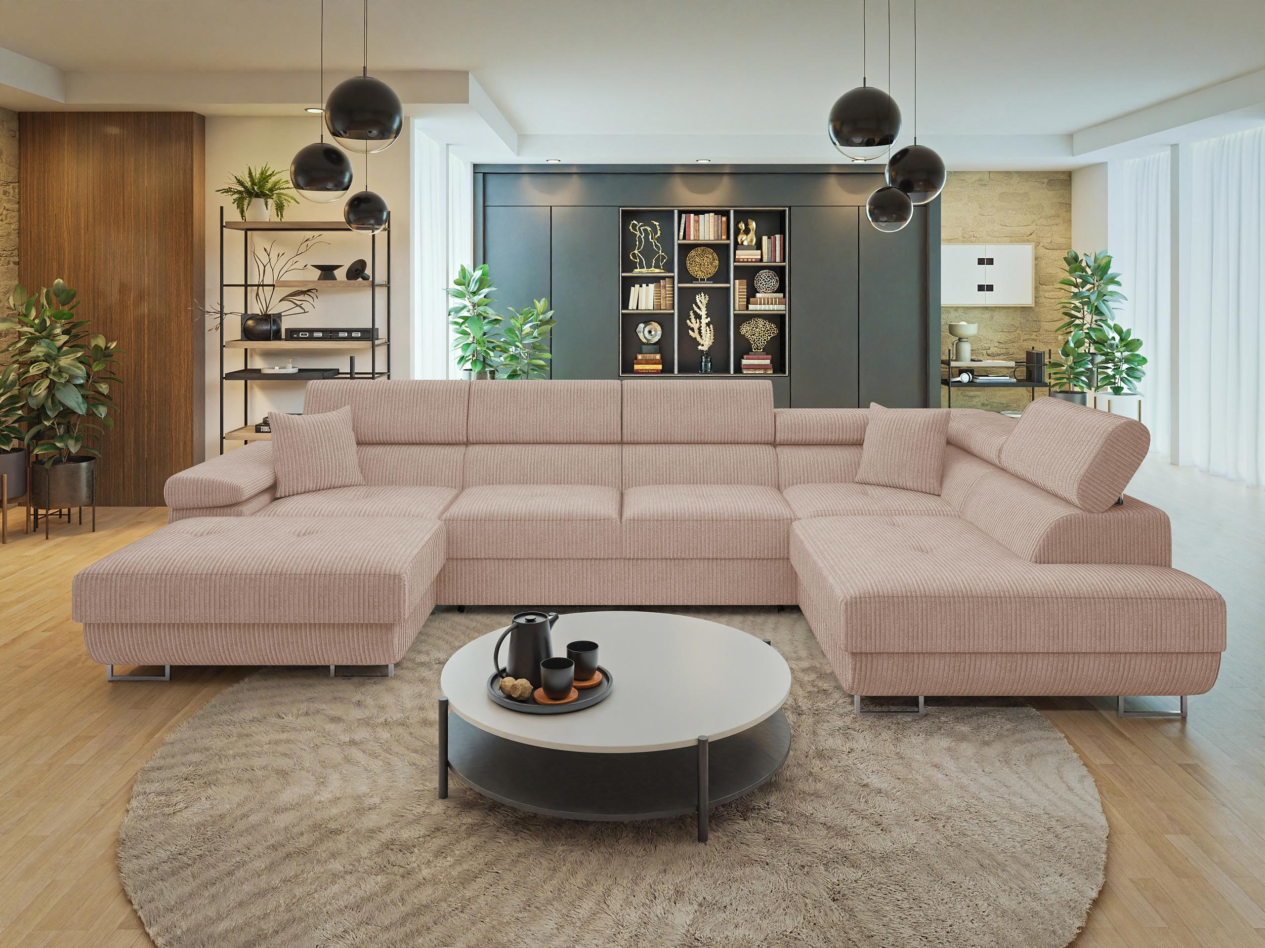 WOHNLANDSCHAFT Torezio Bis Cord, Seite: Rechts - Rosa, Holz/Textil (346/90/203cm) - MIRJAN24