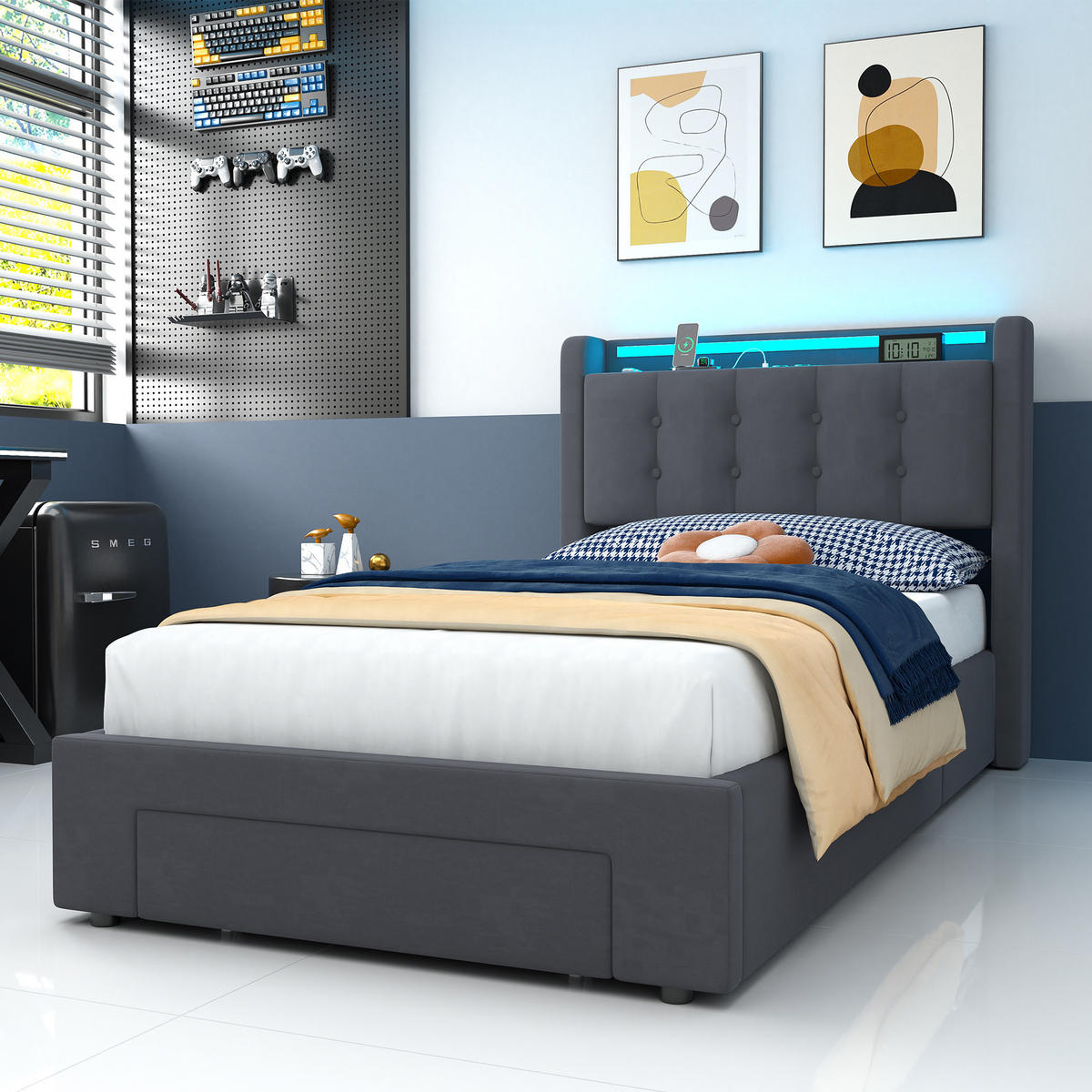 POLSTERBETT 90x200 cm in Dunkelgrau Samt mit Bettkasten, Schubladen und USB/LED-Beleuchtung, Einzelbett - Dunkelgrau, Holzwerkstoff/Textil (90/200cm) - CHICFURN