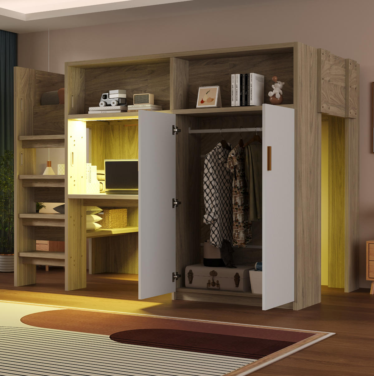 HOCHBETT 90/200 cm mit Schreibtisch, Kleiderschrank, Regal, LED und Lattenrost aus Holzwerkstoff, Naturfarben/Weiß - Naturfarben, Holzwerkstoff (90/200cm) - Redom