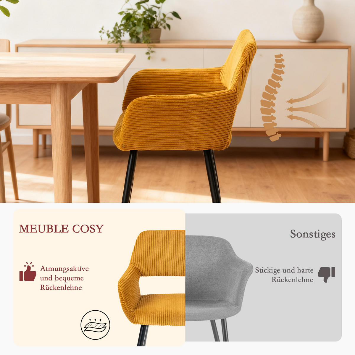 ESSZIMMERSTÜHLE 6er-Set, gepolstert aus Cord, mit Metallbeinen, Gelb - Gelb, Textil/Metall (56/78/56cm) - Meubles Cosy