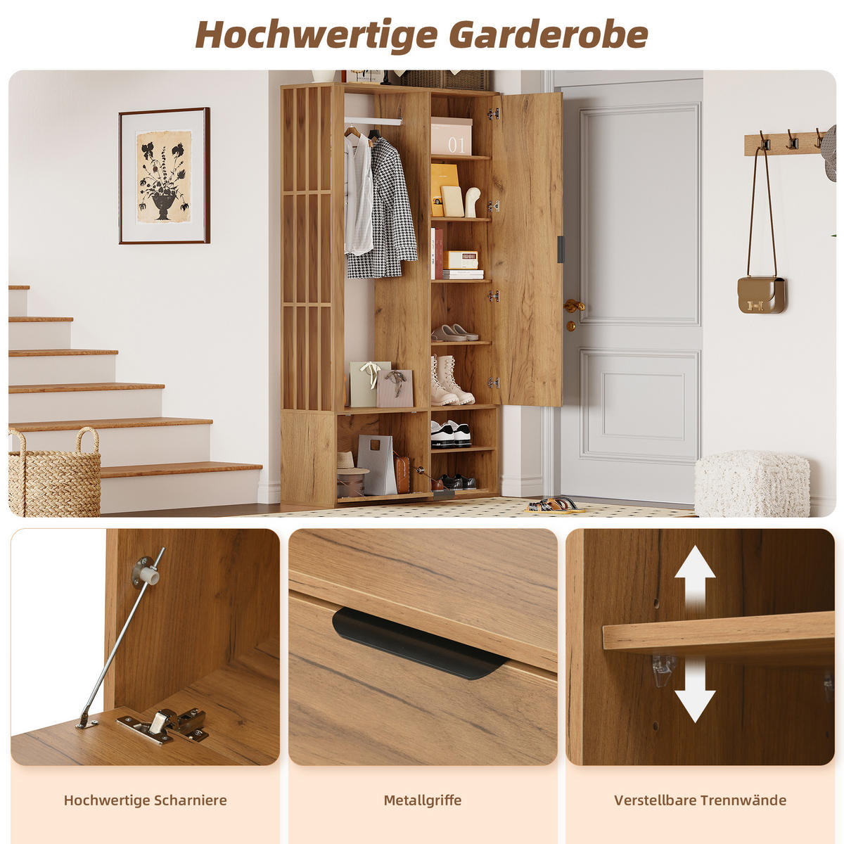 GARDEROBENSCHRANK 6 in 1 Spiegel 100cm Flur Holzfarbe - Naturfarben, Holzwerkstoff (100/190/33cm) - FLIEKS
