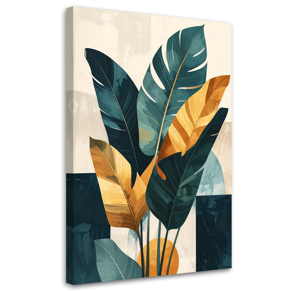 BILD auf Leinwand, Exotische Blätter in Grün- Gold- und Beigetönen - Grün, Textil (80/120cm) - Feeby
