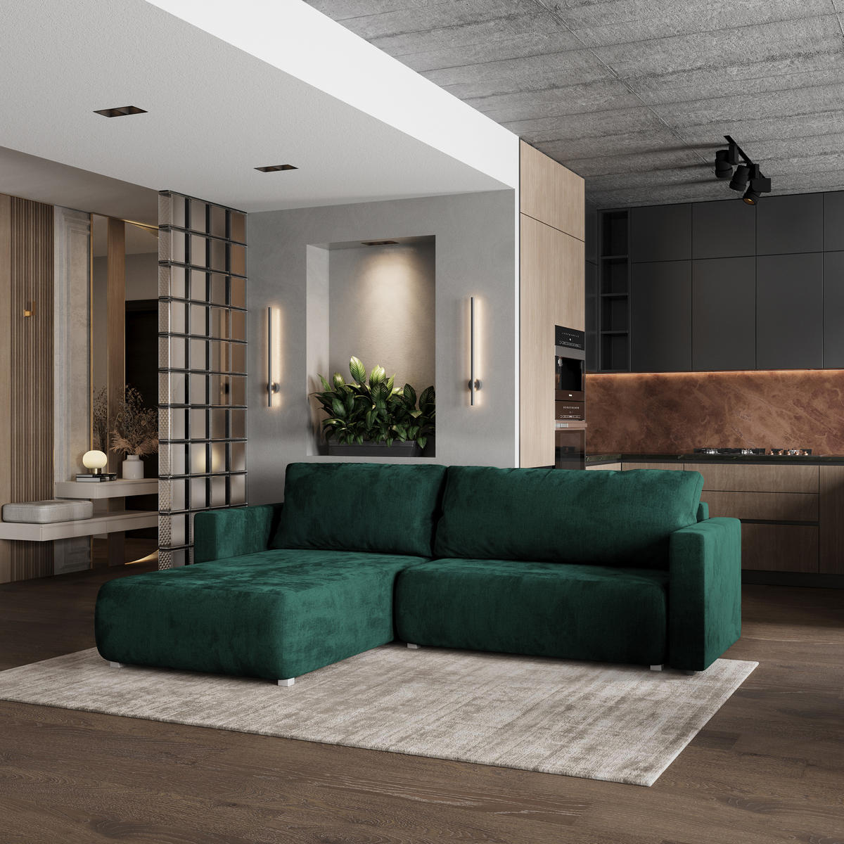 ROHOVÁ SEDAČKA TURIN tmavě zelená - šedá/tmavě zelená, dřevo/textil (265/183cm) - MASSENO