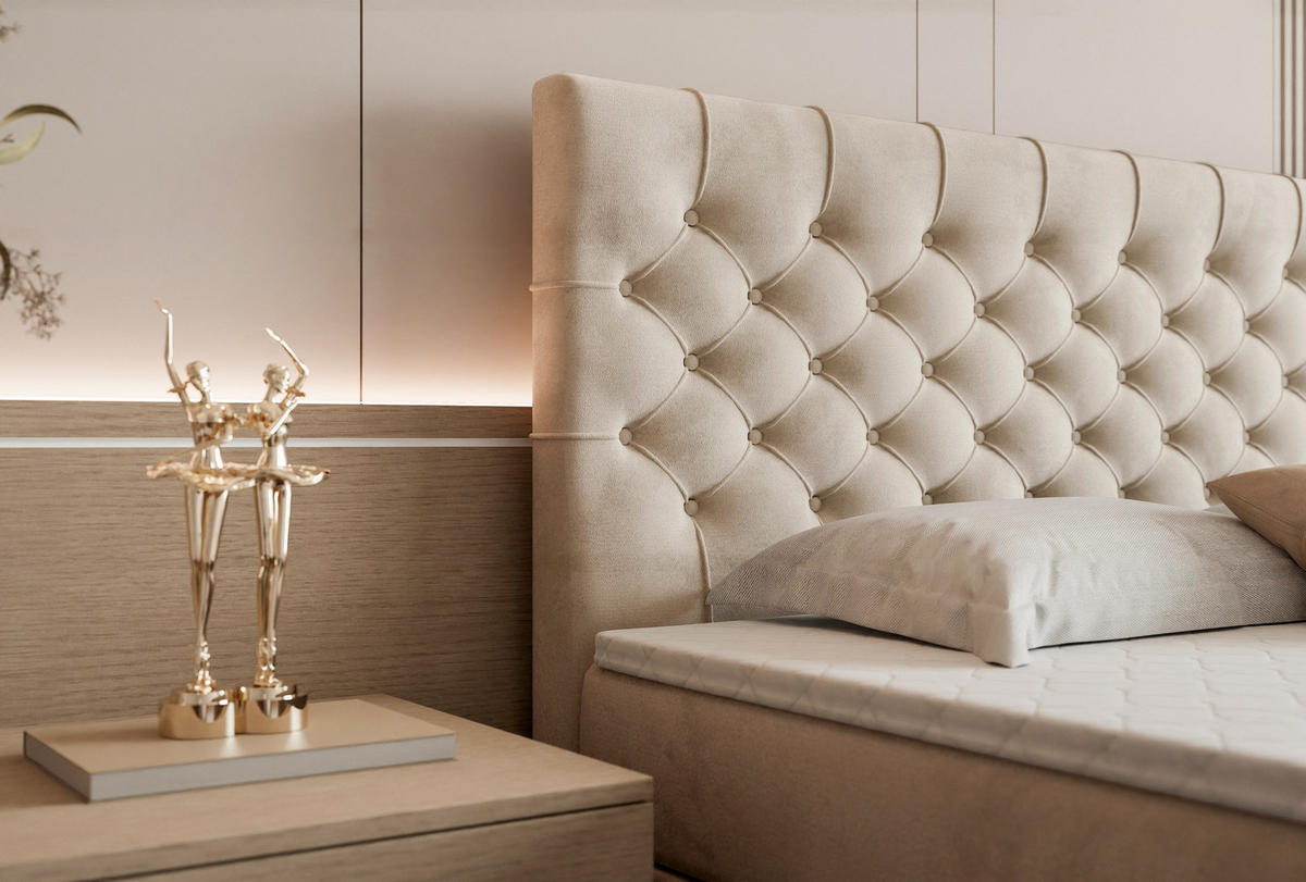 BOXSPRINGBETT Aurora mit Bettkasten, Beige Samt 200x200 cm – inkl. H3 Matratze und Topper - Beige/Schwarz, Holzwerkstoff/Kunststoff (200/200cm) - WFL GROUP