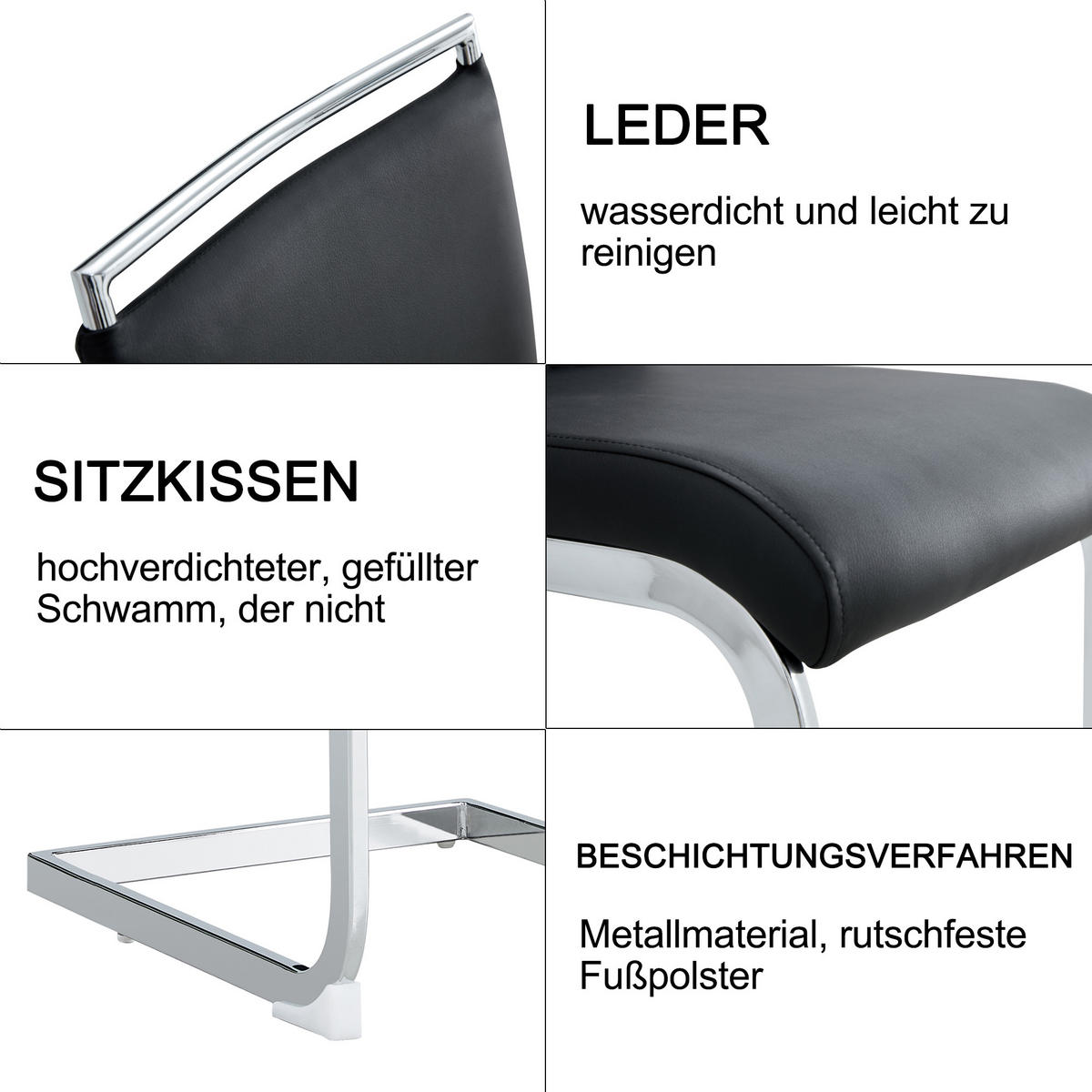STUHL 4er Set mit ergonomischer Rückenlehne, Kunstleder & Leinen Bezug, 7 cm dicker Sitzpolsterung und Fußpolstern im modernen Design, schwarz - Schwarz, Metall (48/95/42cm) - Luhomfu
