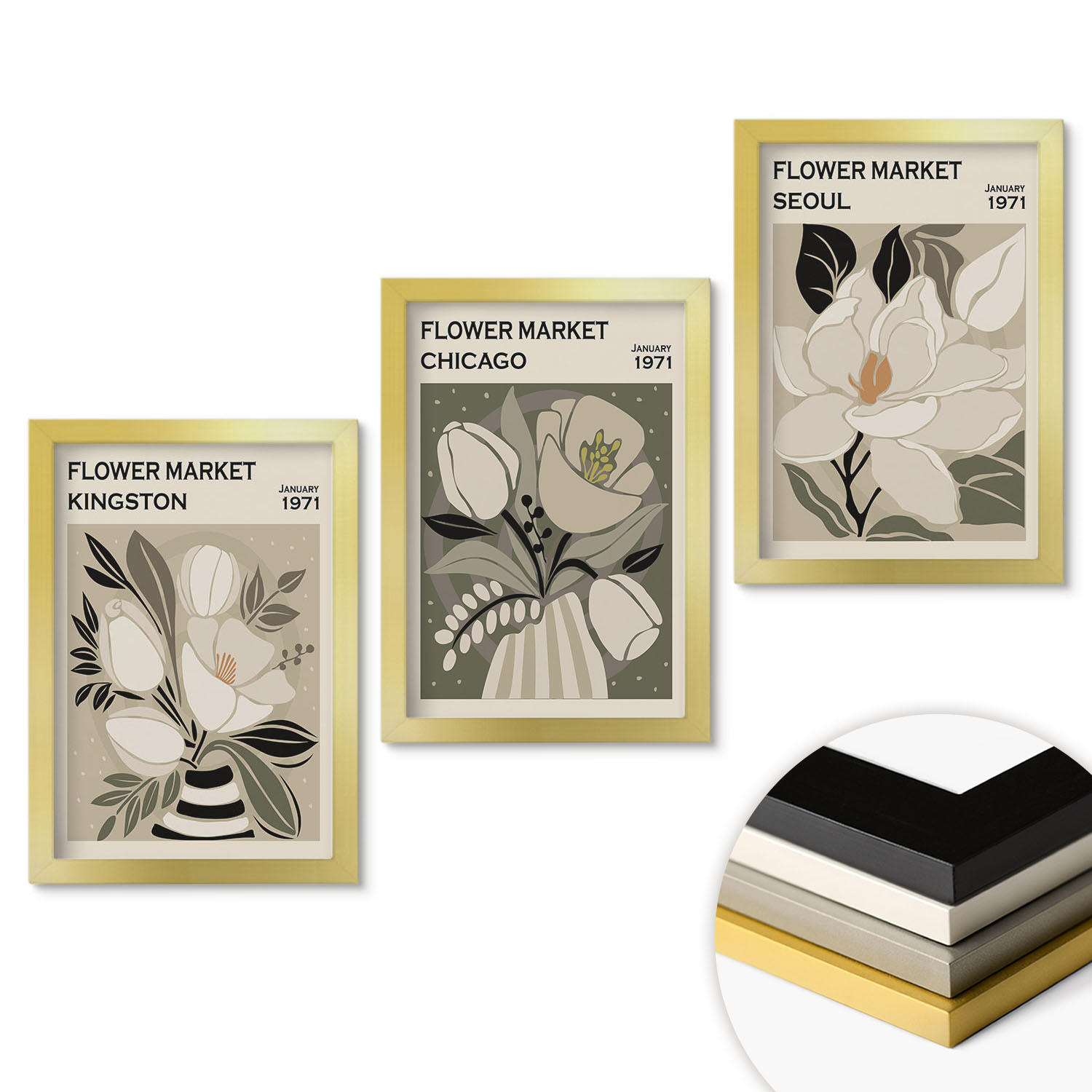WANDBILDER 3er Set - 20x30 cm Goldrahmen - Blumen Kingston Seoul Chicago Retro - Goldfarben, Kunststoff (20/30cm) - ArtPrintCave