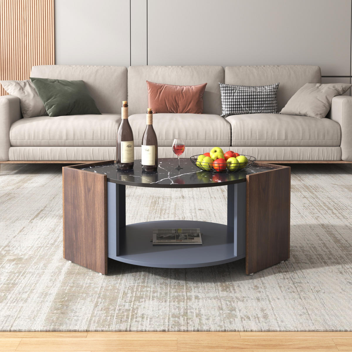 COUCHTISCH Walnuss Marmoroptik mit Schublade und Stauraum - Schwarz, Metall (96/63/40cm)