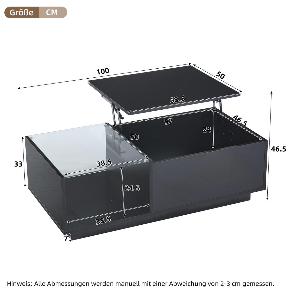 COUCHTISCH aus Spanplatte 100x50x33-46,5 cm in Schwarz mit LED-Beleuchtung - Schwarz, Holzwerkstoff (100/50/46.5cm) - Modfu