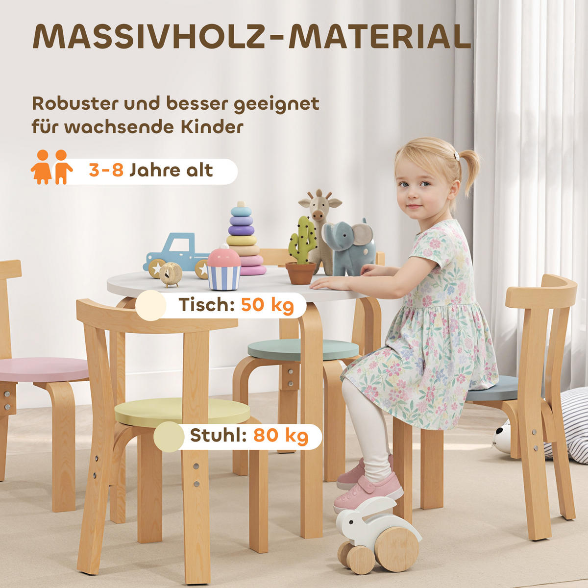 KINDERTISCH Holz mit 4 Stühlen 5-teilig Kinder Tisch Stuhl Set für 3-8 Jahre - Multicolor, Holz (60/50/60cm) - AIYAPLAY