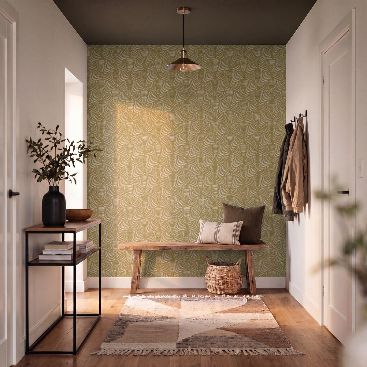 TAPETE - Fächer - Geometrisch - Grün - 180x200 cm - Goldfarben, Papier (180/200cm) - OnlyWow