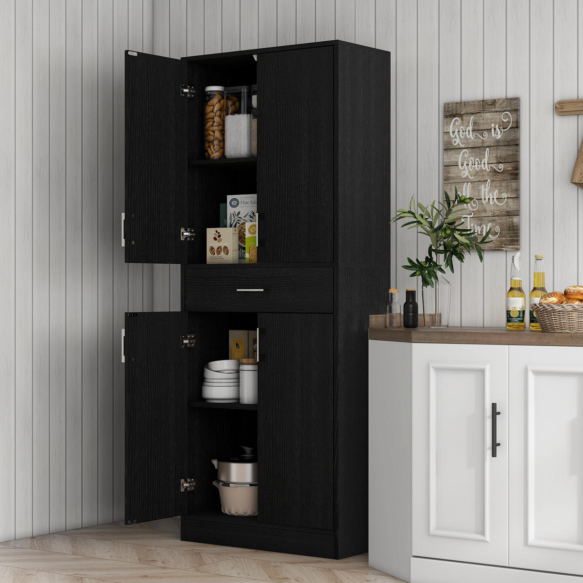 KÜCHENSCHRANK Schwarz, 4 Türen, 1 Schublade, 70,8/34/180 cm - Schwarz, Holzwerkstoff (70.8/180/34cm) - PANGIVO