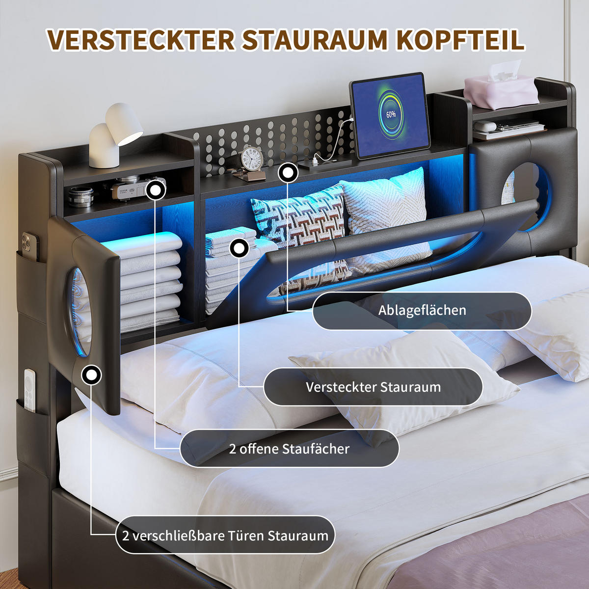 POLSTERBETT 140/200 cm Schwarz mit hydraulischem Stauraum, LED-Kopfteil mit Ablage und USB-Anschluss - Schwarz, Metall (140/200cm) - EuroLiving