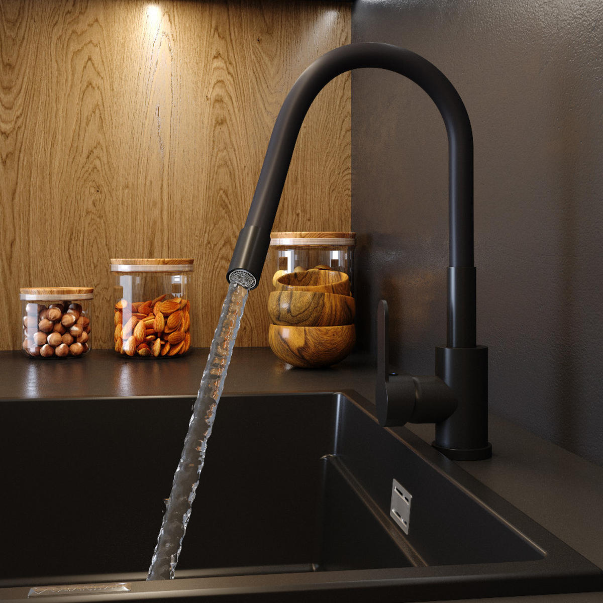 GRANITSPÜLE Teor mit Batterie Siphon - Schwarz, Kunststoff/Stein (42/17/46cm) - Granitan