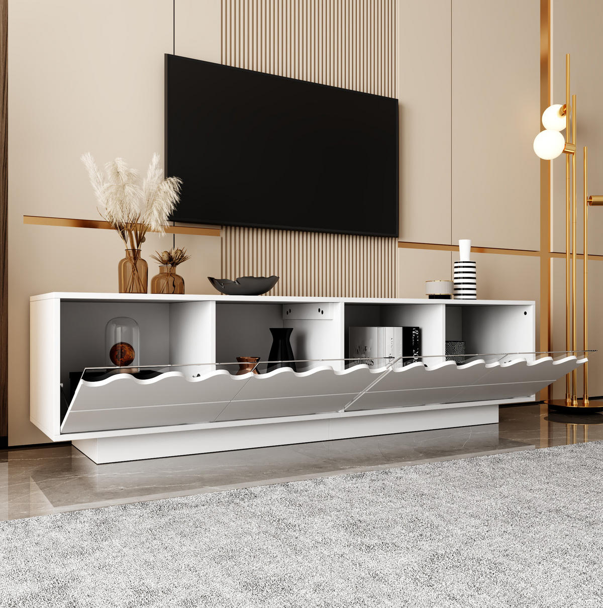 TV ormarić 170/40/45 cm bijeli od MDF-a i iverice s valovitim frontama i 4 vrata - bijela, drvni materijal (170/40/45cm) - OKWISH