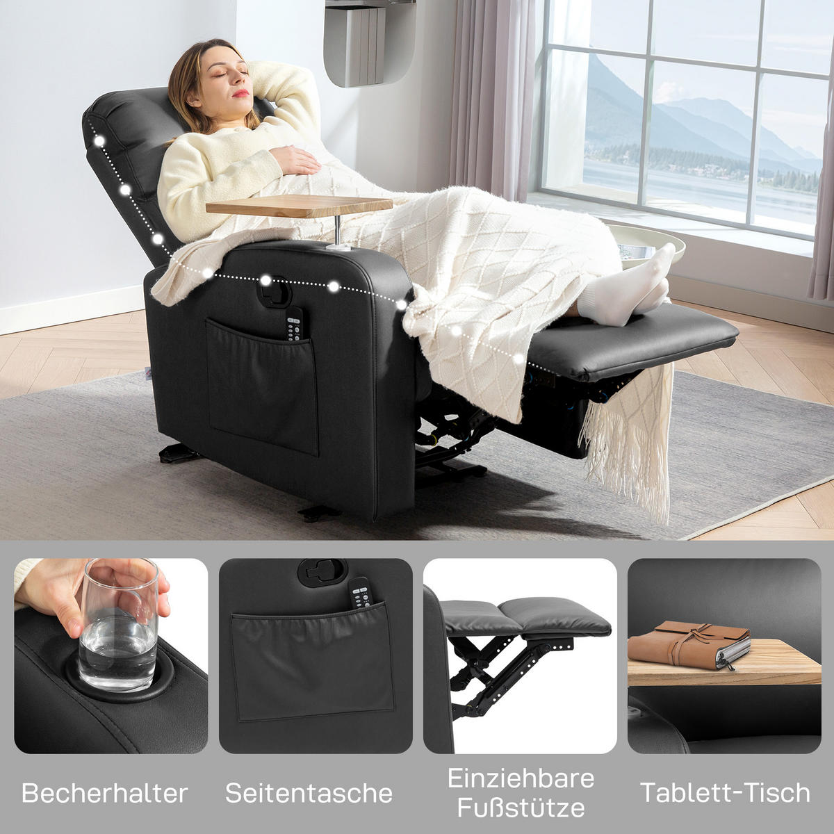 RELAXSESSEL mit Massagefunktion, Seitentasche und Becherhalter, Mikrofaser, Schwarz - Schwarz, Metall (77/105/93cm) - HOMCOM