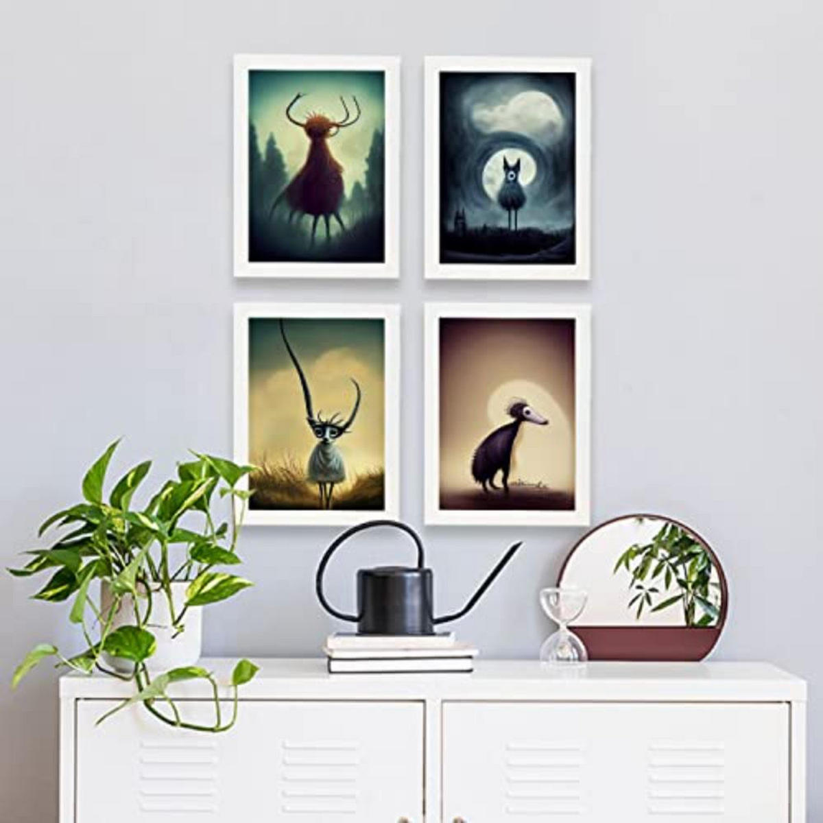 POSTER Set mit 4 Wald Tier im T Burton Goth Stil A4 Weißer Rahmen - Weiß, Papier (29.7/3cm) - Nacnic