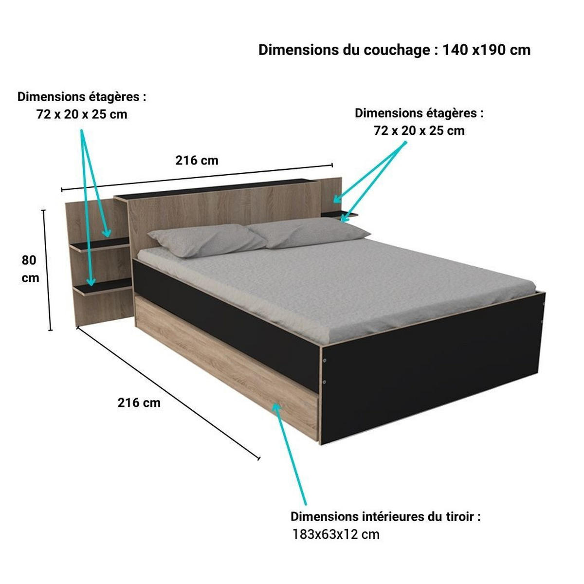 BETT CITY mit Kopfteil und Schublade/ Bett 140x190 - Schwarz & gebleichte Eiche Dekor - Schwarz/Sonoma Eiche, Holzwerkstoff (140/190cm) - Weber Industries