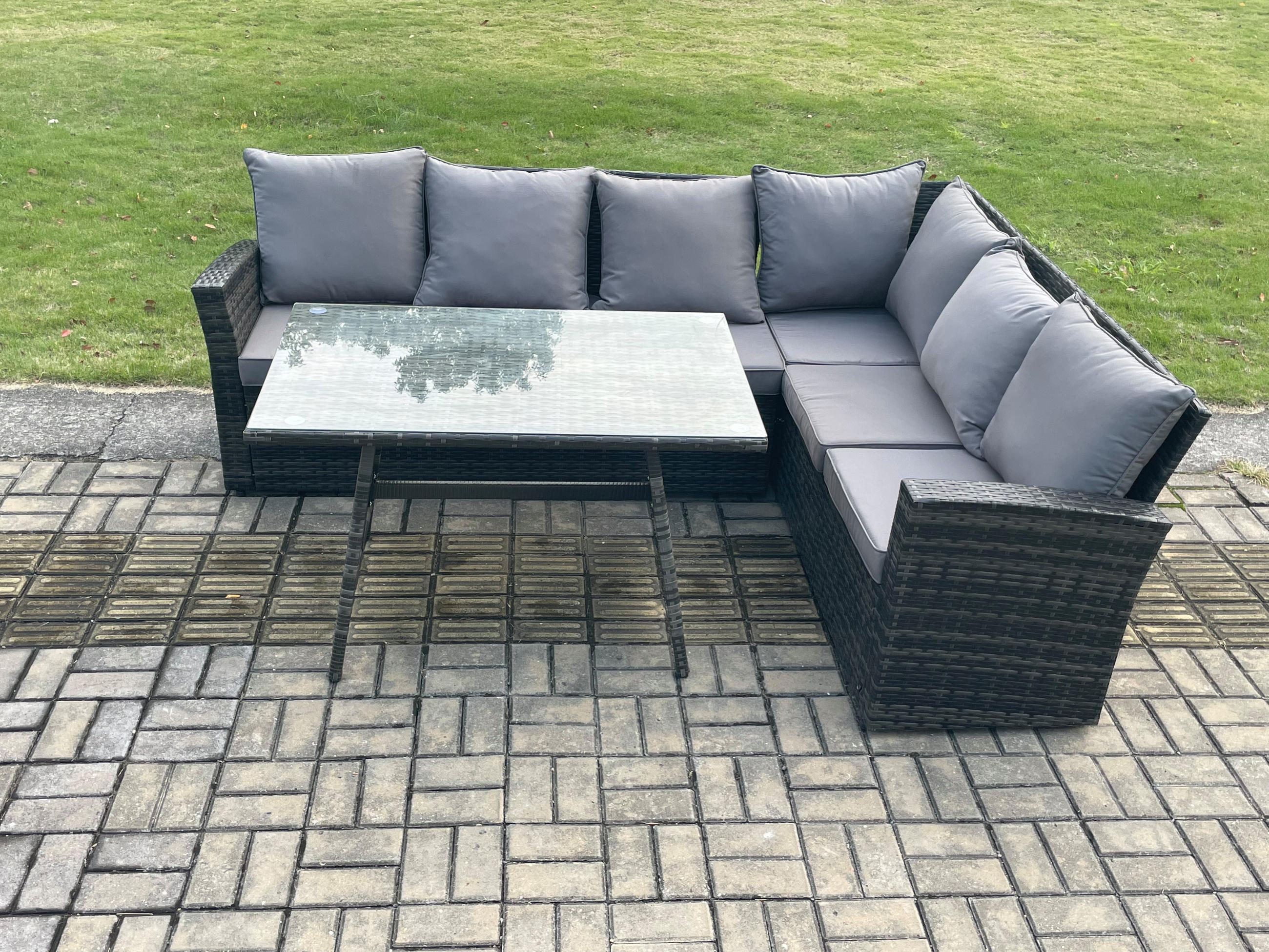 GARTENSOFA SET Hohe Rückenlehne Polyrattan Dunkelgrauer Mix 6-Sitzer - Dunkelgrau/Grau, Glas/Kunststoff - Fimous