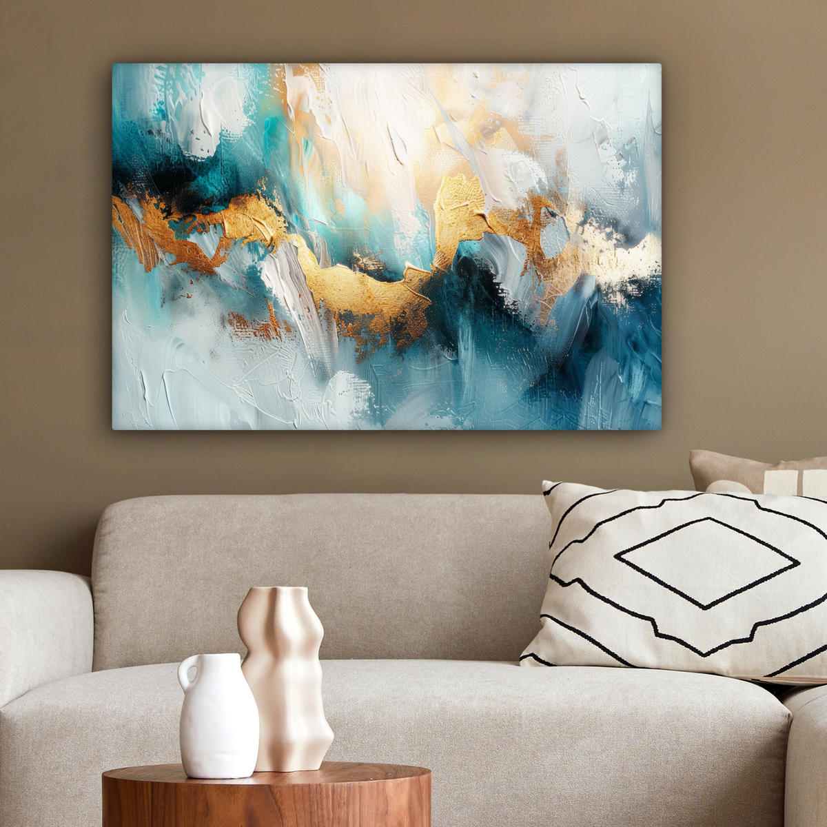 LEINWANDBILD Abstrakt - Kunst - Gold - Blau Gemälde 60x40 cm - Petrol, Textil (60/40cm) - MuchoWow