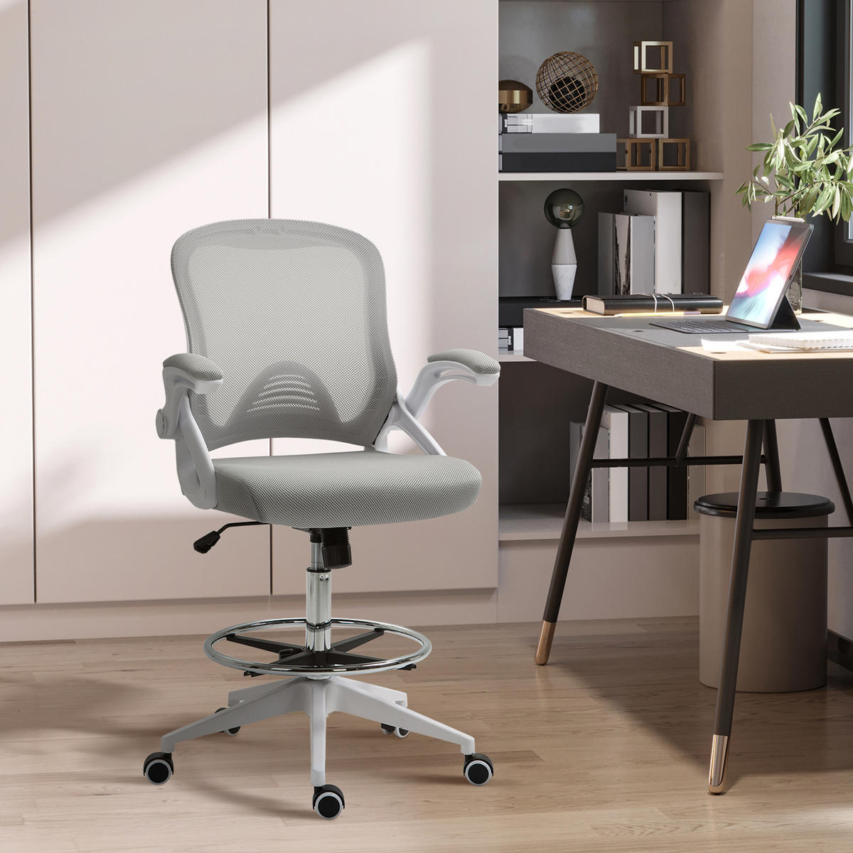 BÜROSTUHL Ergonomischer Schreibtischstuhl mit Hochklappbaren Armlehnen Netz - Hellgrau, Kunststoff (60/126/64cm) - Vinsetto