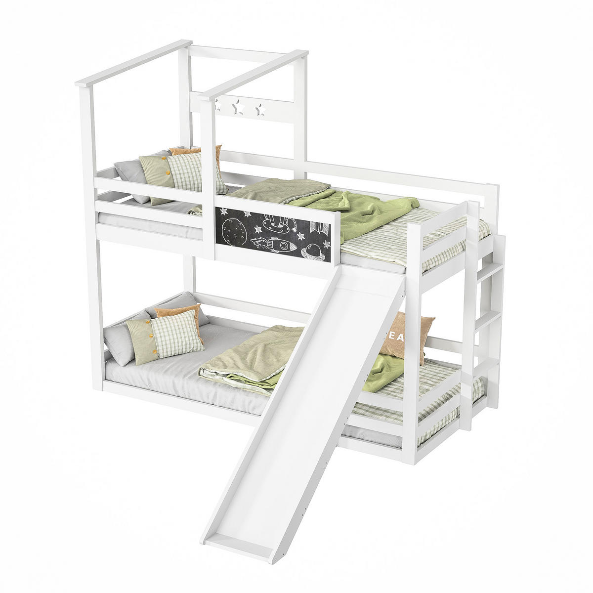 ETAGENBETT 90x200 cm Kinderbett mit Tafel, Rutsche & Stauraum - Weiß, Holz
