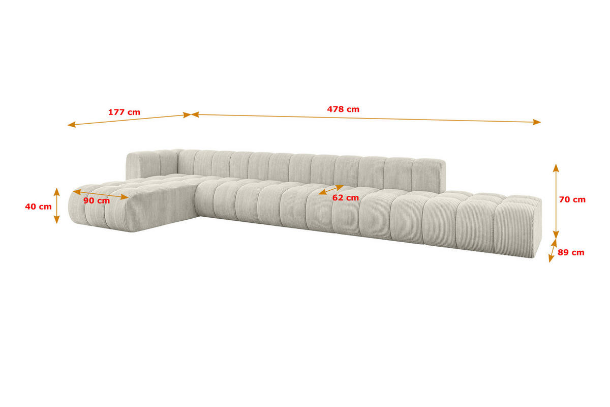 ECKSOFA modulares Sofa Zuvon-L3 - 478x177x70 cm Creme - Hellgrau/Creme, Holzwerkstoff/Textil (478/177cm) - ALTDECOR