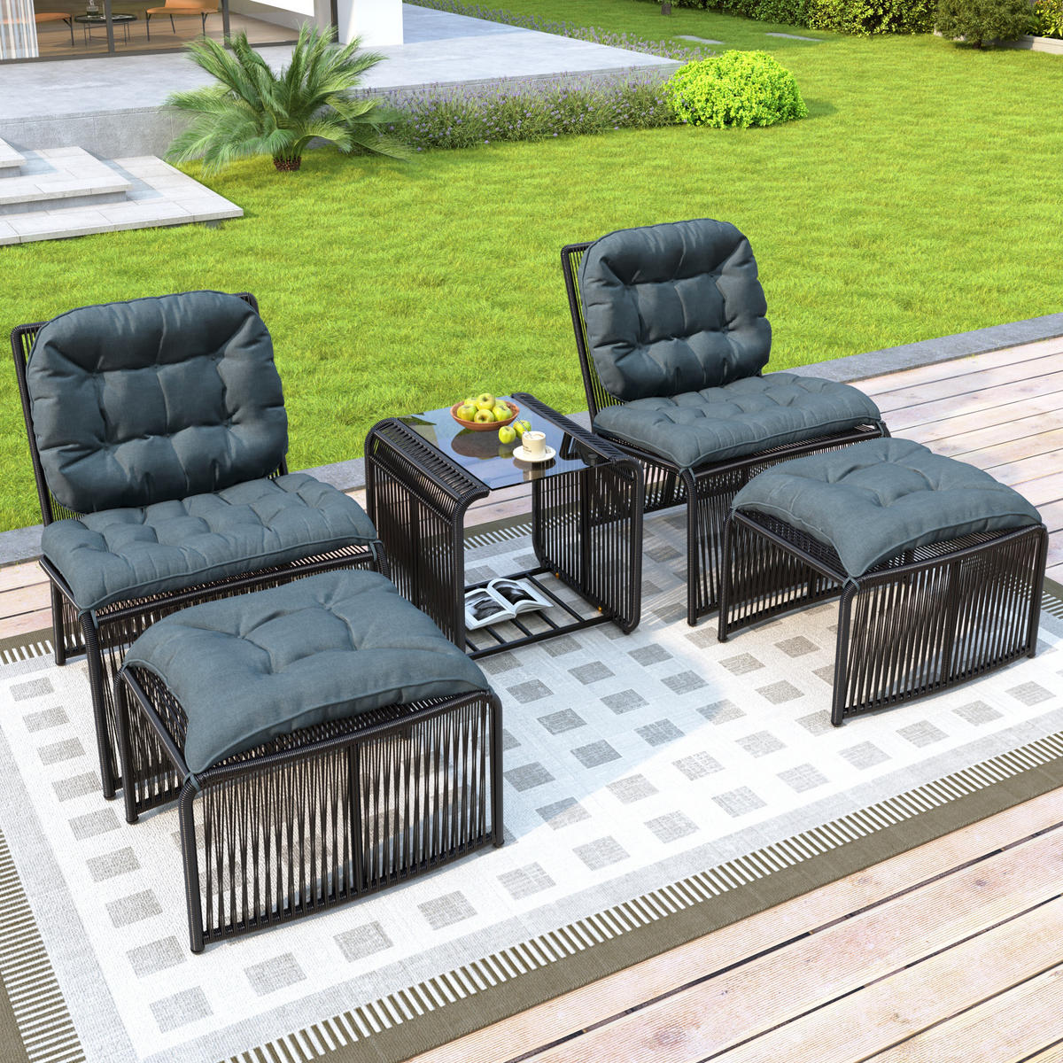GARTENSET Rattan 5 tlg Tisch Stühle Hocker - Schwarz, Metall - LEBENLANG