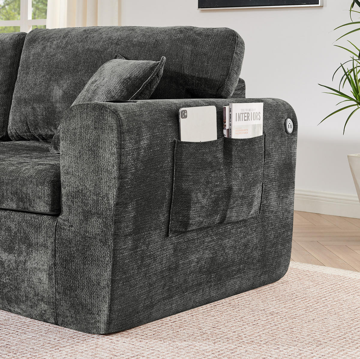 2-SITZER-RELAXSOFA mit Getränkehalter und Tasche, Chenille Schwarz - Schwarz, Kunststoff (220/89/100cm) - Meubliv
