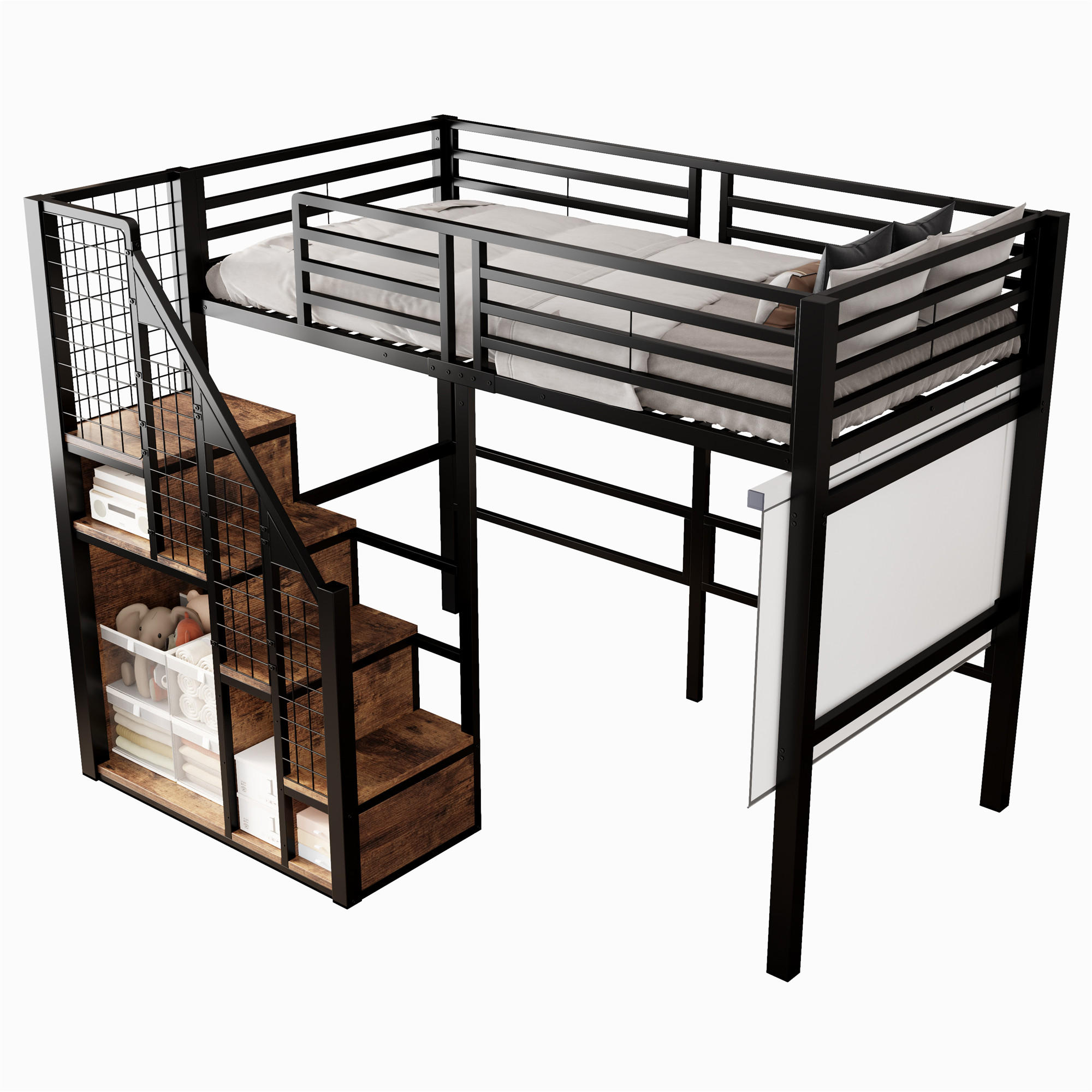 STILVORA HOCHBETT 90/200 cm in Schwarz mit Treppe, Stauraum und Ablage aus Metall