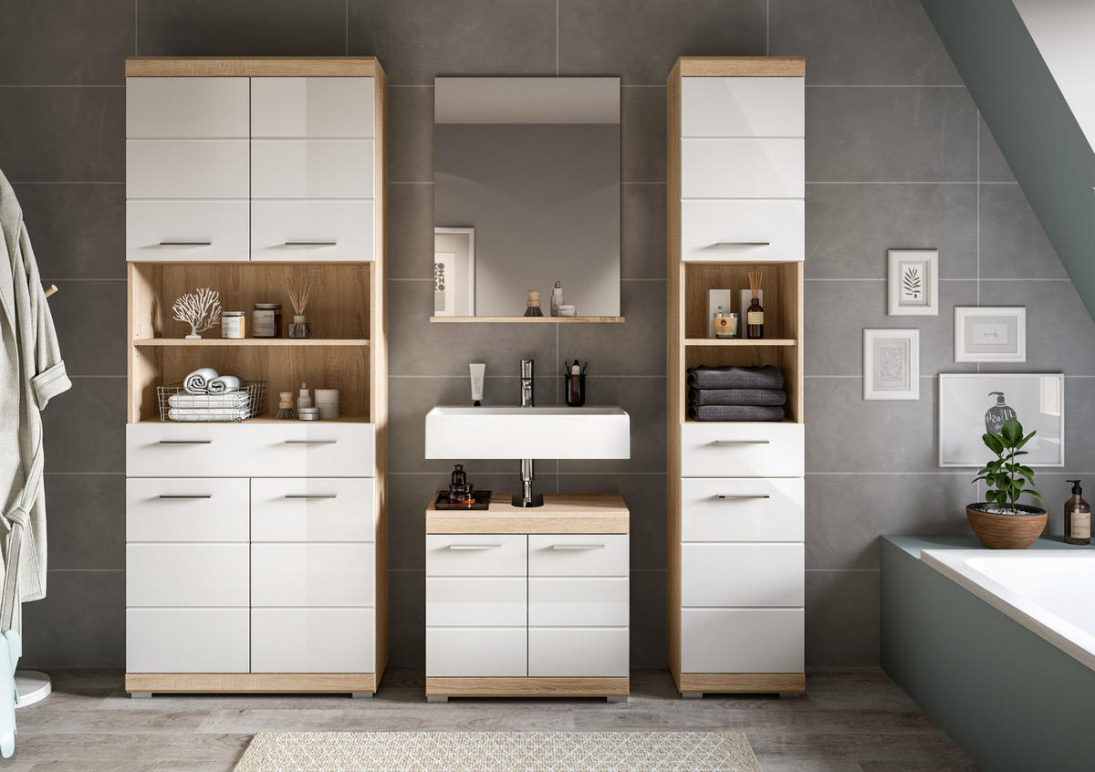 BADMÖBEL-SET weiß Hochglanz, Eiche 4-teilig 186 cm, viel Stauraum - Weiß Hochglanz/Eichefarben, Holzwerkstoff (186/191/34cm) - Inn.Furn