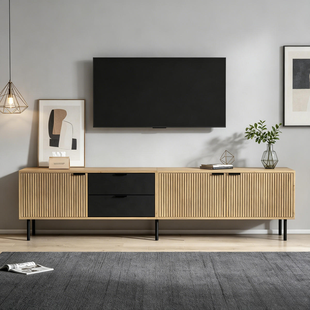 NÍZKÁ KOMODA 208 cm Kabelový Management 3 Zásuvky - různobarevná, kompozitní dřevo (208/48/40cm) - FLIEKS