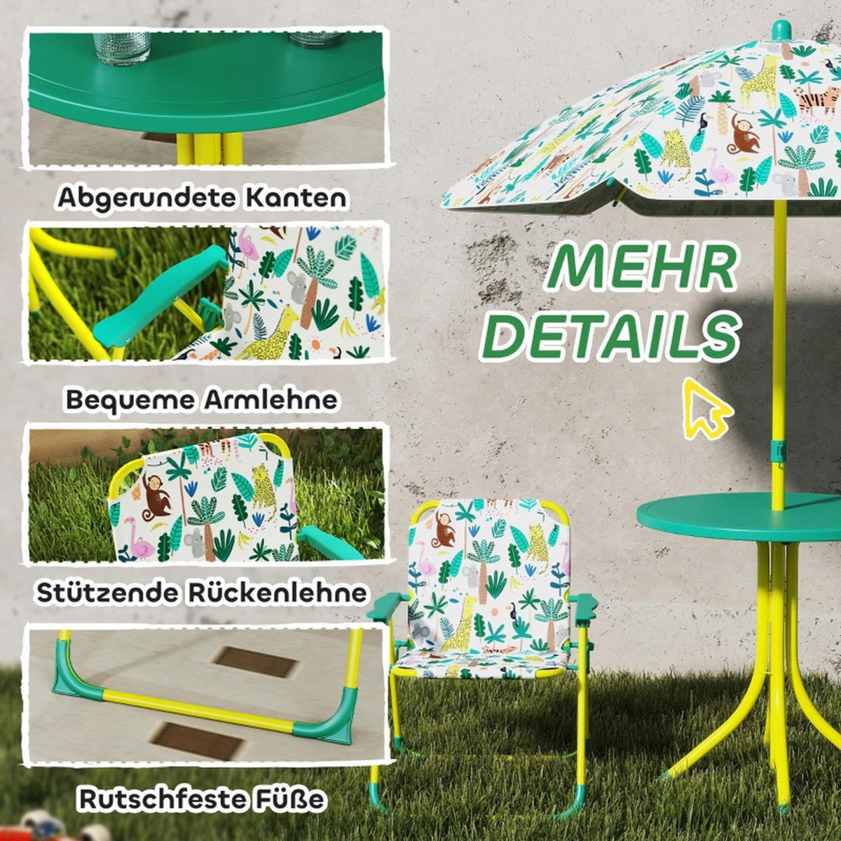 KINDER-GARTENMÖBEL 4 tlg KindersitzgruppeOutdoor 49,5x49,5x50cm Mit Sonnenschirm - Grün, Textil - Raelunyi