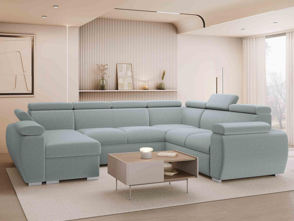 WOHNLANDSCHAFT Boston U, Seite: Links - LC+2P+R+2R - Chromfarben/Blaugrau, Holz/Textil (325/98/260cm) - MIRJAN24