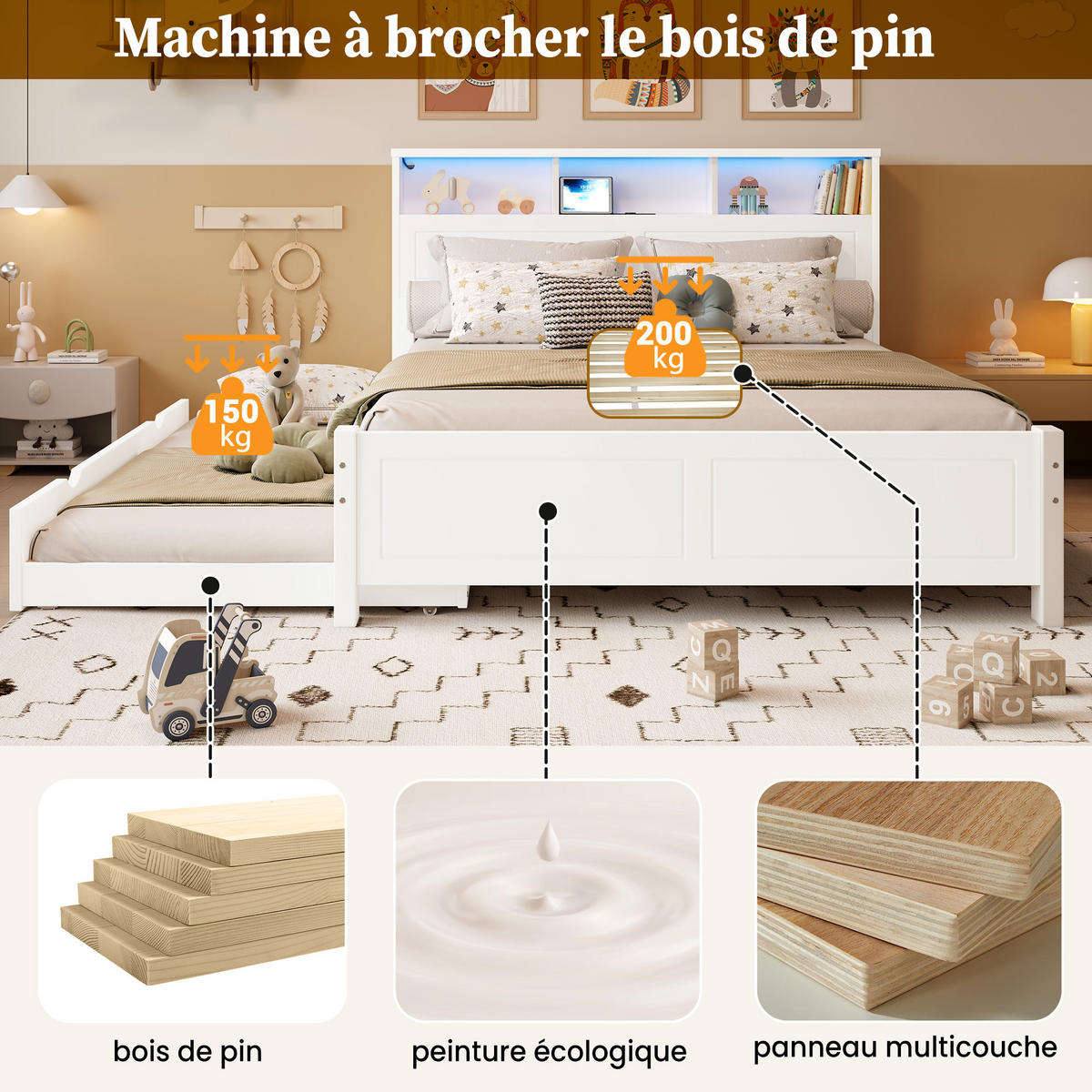 BETT 120/200 cm & 90/190 cm in Weiß mit Ausziehbett, LED, USB und Regal - Weiß, Holzwerkstoff (120/200cm) - STILVORA