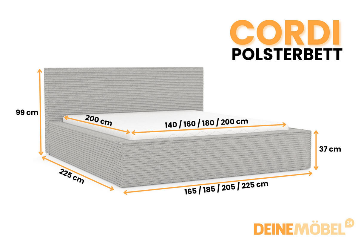 POLSTERBETT CORDI 180/200 in Cord Hellgrau - Hellgrau, Holz/Holzwerkstoff (180/200cm) - Deine Möbel 24