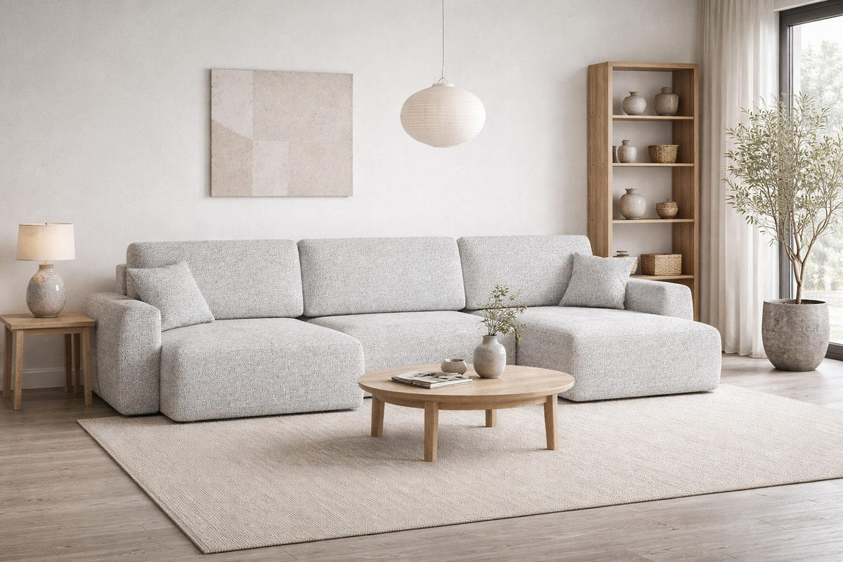 ECKSOFA Mit Schlaffunktion Und Bettkasten U-Form Ariel U, Chenille-Stoff Artico, Cement - Hellgrau, Holz (342/142cm) - Kaiser Möbel