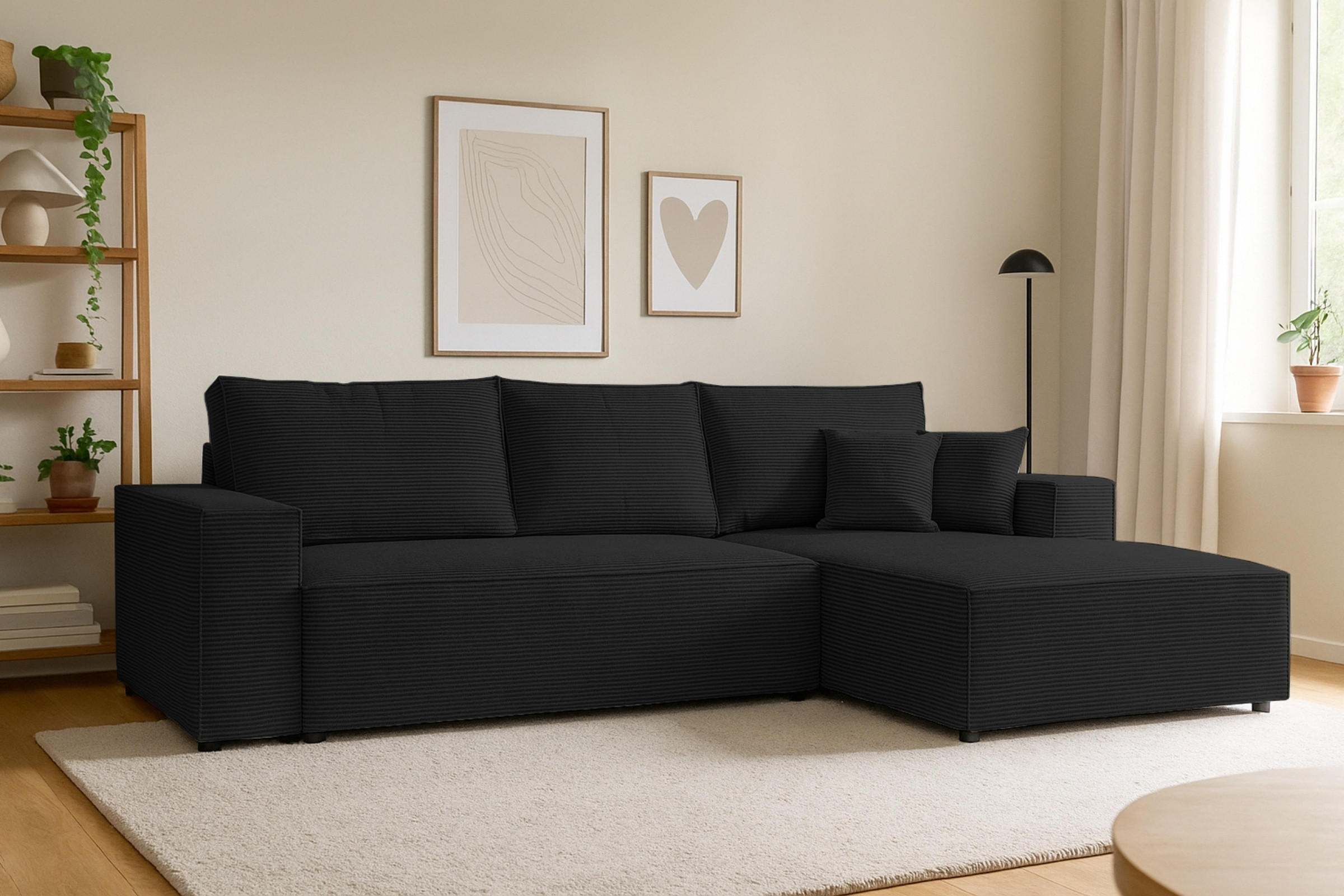 ECKSOFA MARCO 294/185 in Cord Schwarz mit Schlaffunktion rechts - Schwarz, Holz/Holzwerkstoff (294/185cm) - Deine Möbel 24
